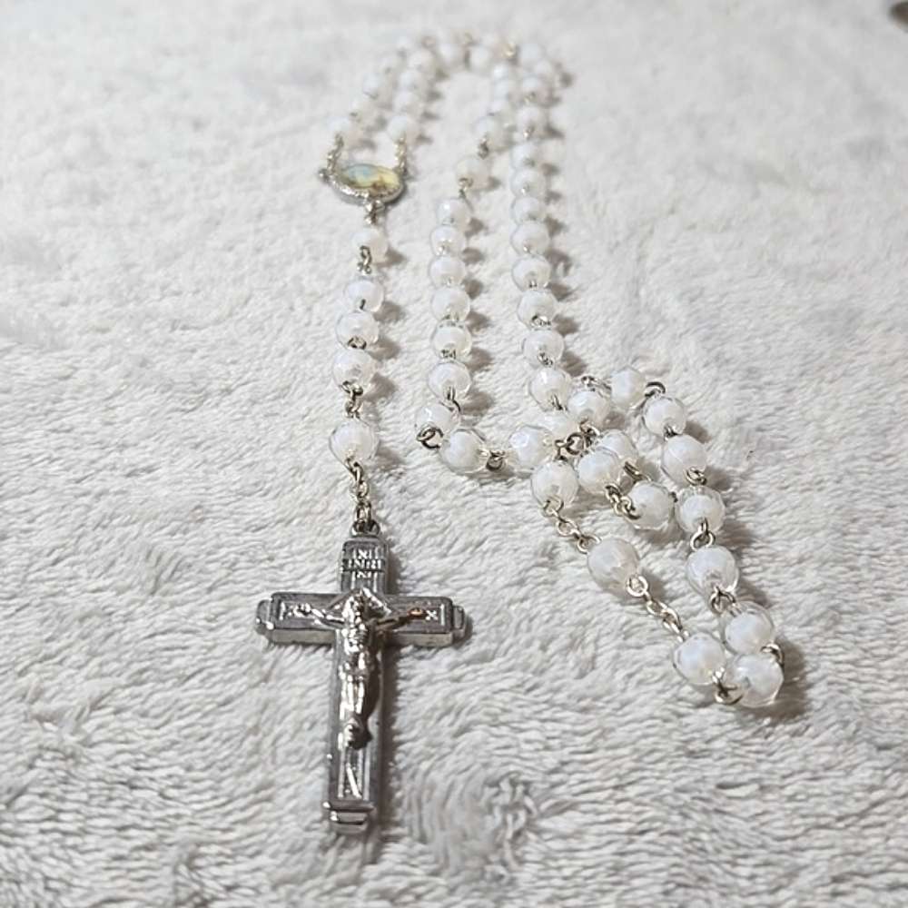#530 White Bead cross Rosary  17 inches long